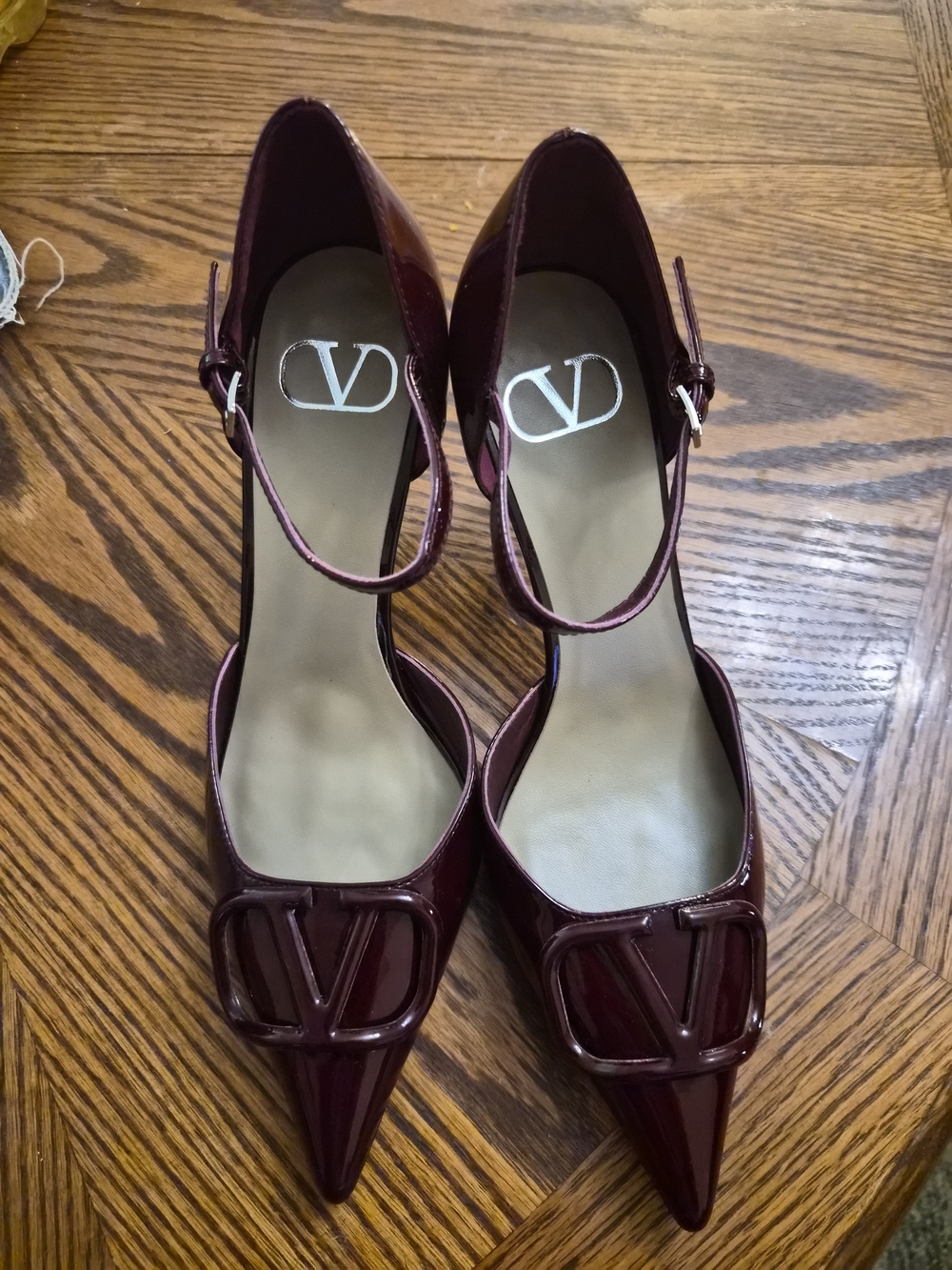 Valentino Burgundy Patent Leather Pointed-Toe Ankle-Strap Pumps with V Logo